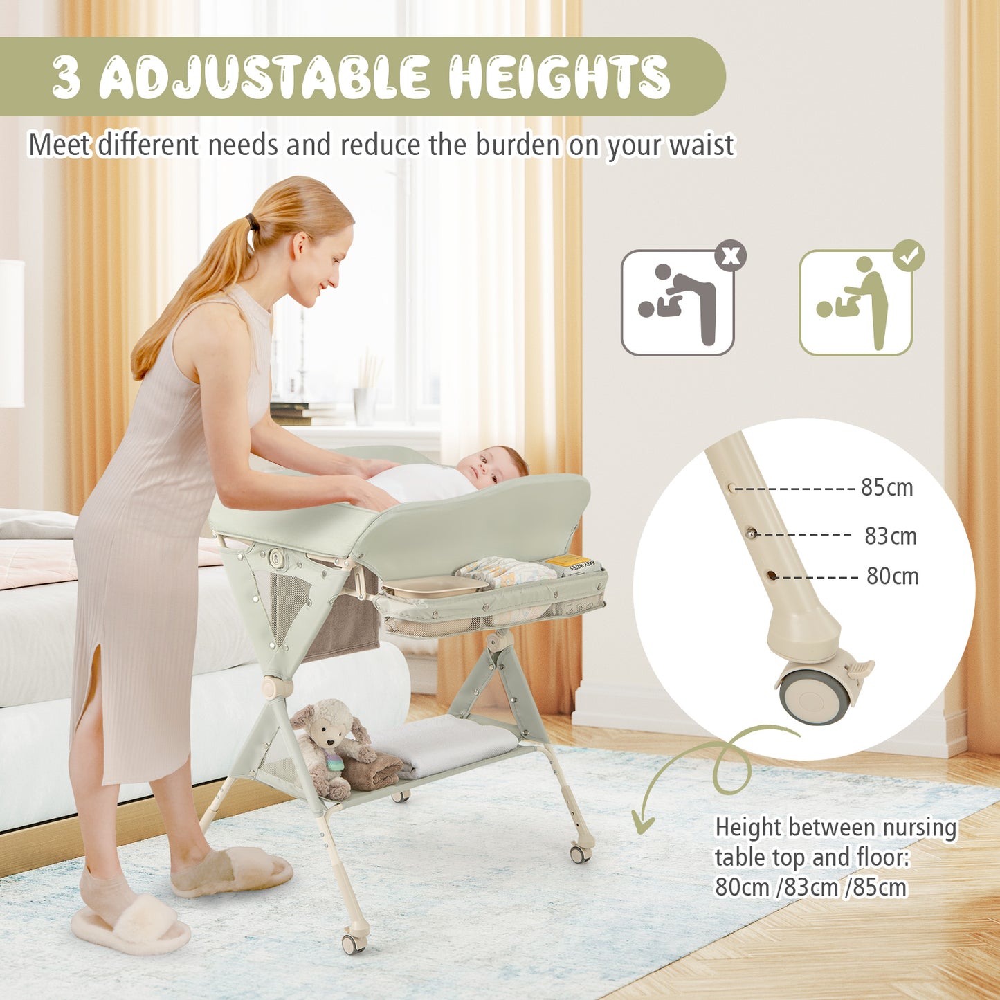Baby Changing Table Foldable Diaper Changing Station Portable Newborn Nursery Organizer-Green