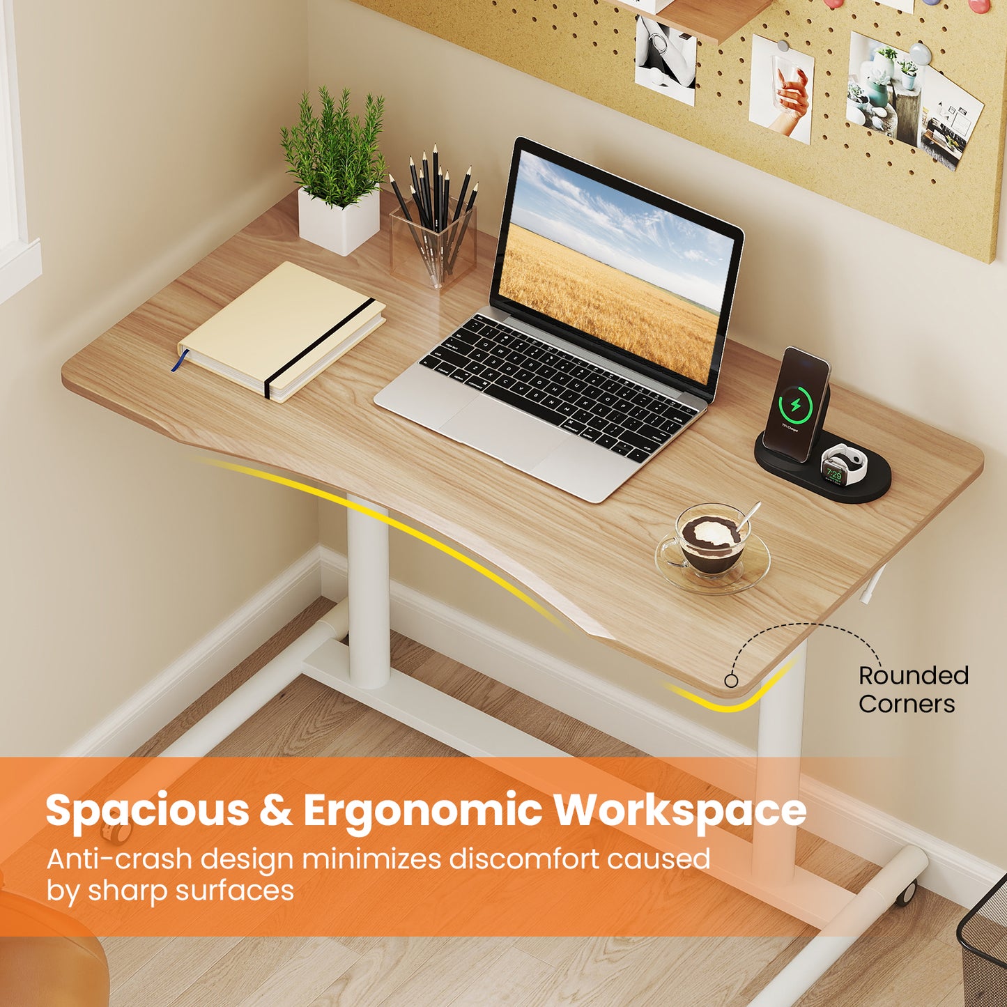 C-Shaped Sit Stand Desk with Adjustable Height and Metal Frame-Natural