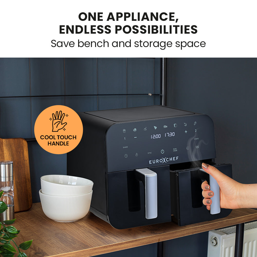 9L Dual Zone Air Fryer with 2400W Power, LED Touch Control, Black/Silver
