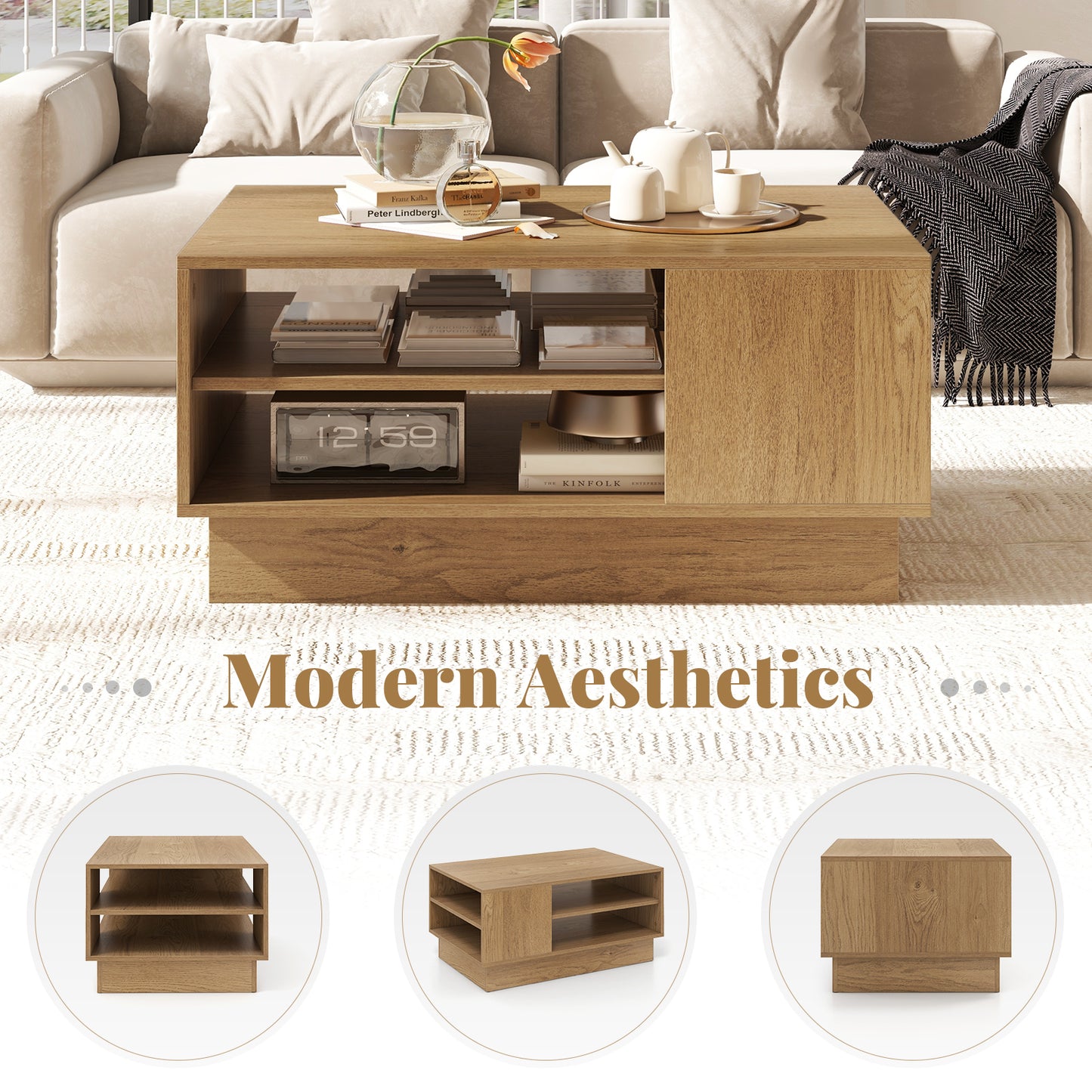 Modern Coffee Table Rectangle Center Table with 2-Tier Open Storage Shelves-Natural