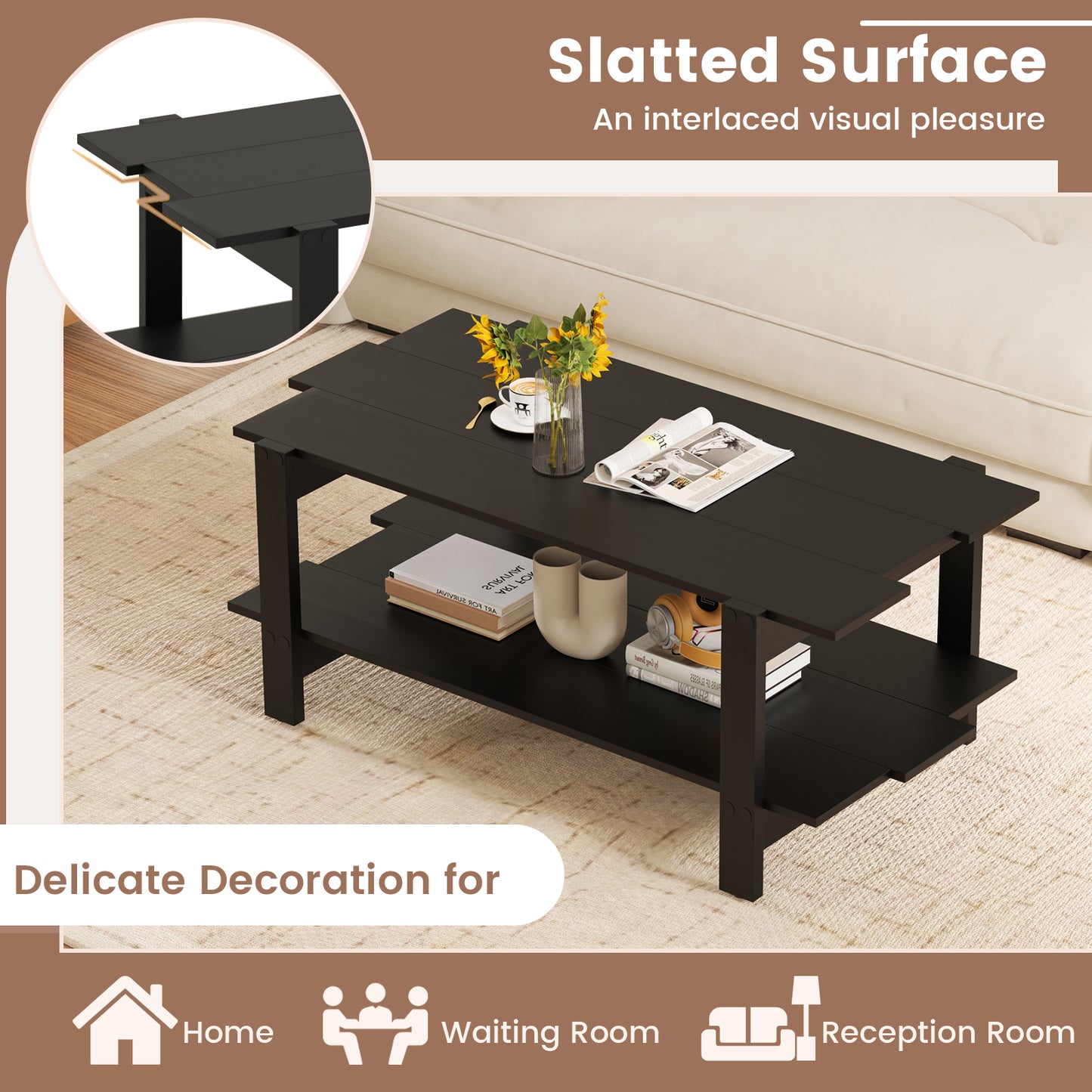 2-Tier Coffee Table Slatted Wood Center Table with Storage Shelf-Black