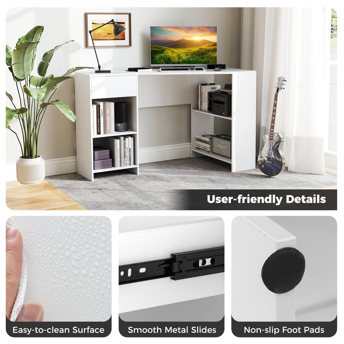 L-Shaped Computer Desk with Storage for Living Room Bedroom-White