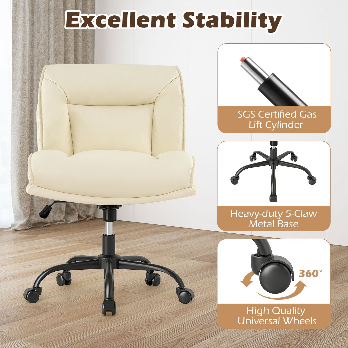 PU Leather Swivel Armless Desk Chair with Wide Backrest Seat and Adjustable Height-Beige