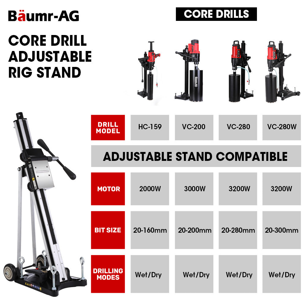 Adjustable Wheeled Core Drill Rig Stand with 0-90° Mounting and 0.3m Capacity