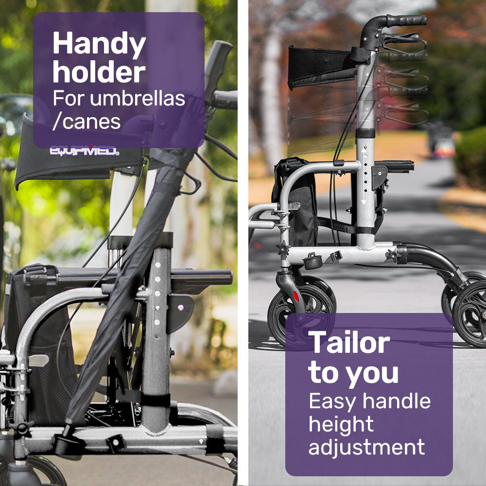 Convertible Rollator & Transit Wheelchair with Lightweight Aluminum Frame