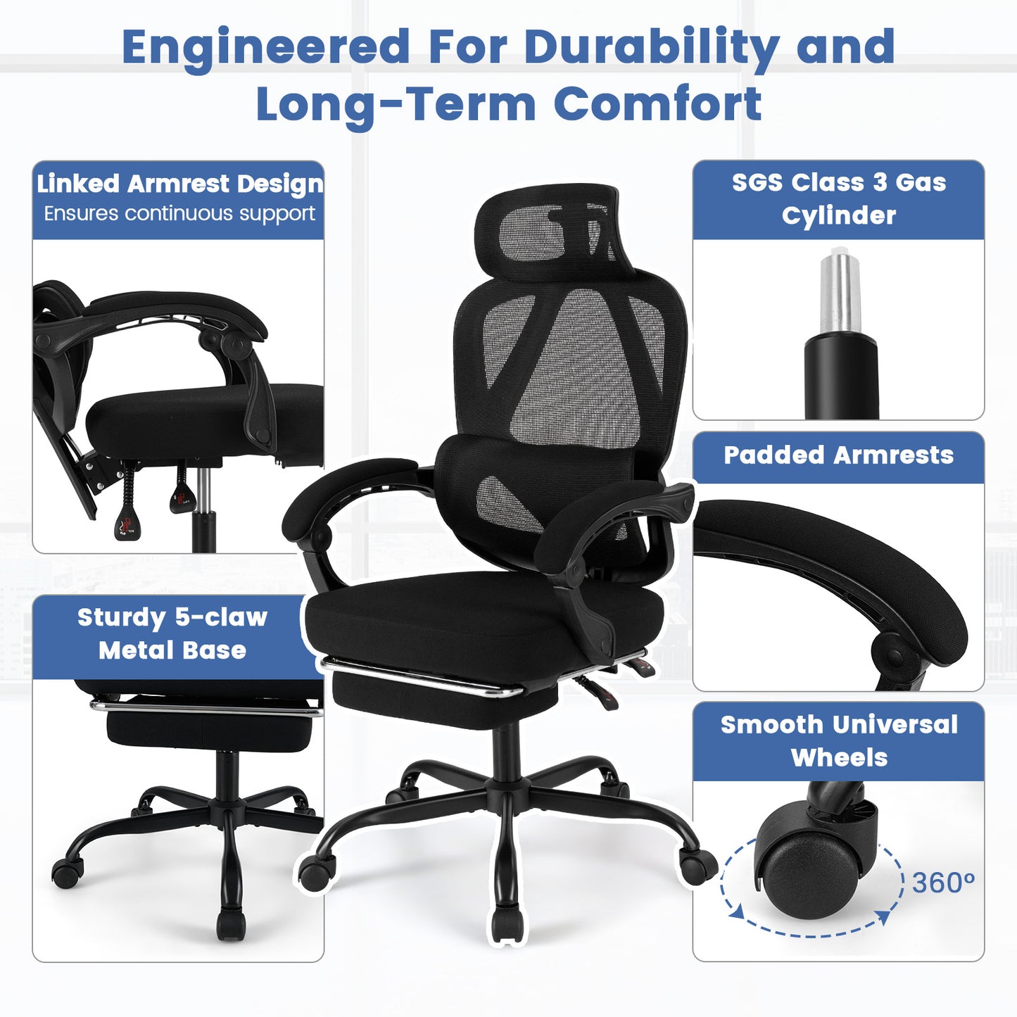 Ergonomic Office Chair High Back Mesh Desk Chair with Retractable Footrest-Black