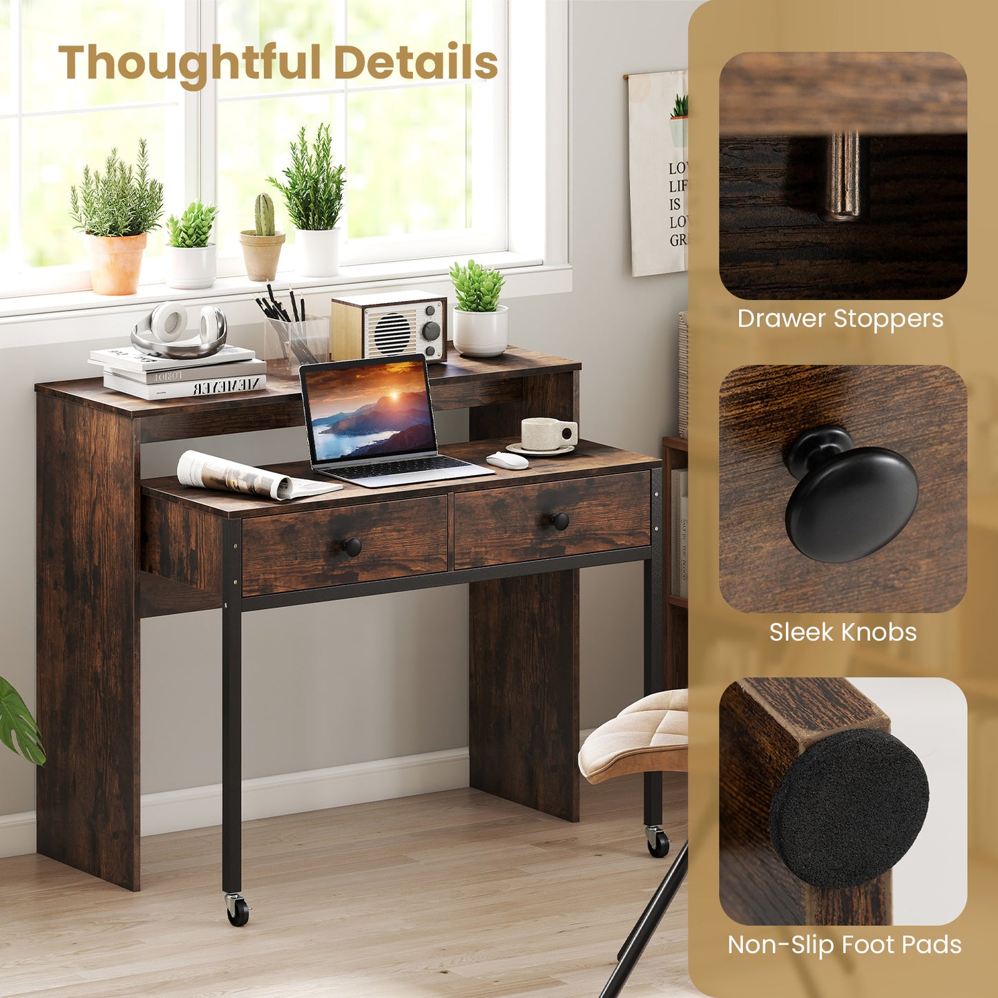 Extending Writing Desk Console Table with 2 Drawers Wood Study Workstation-Rustic Brown