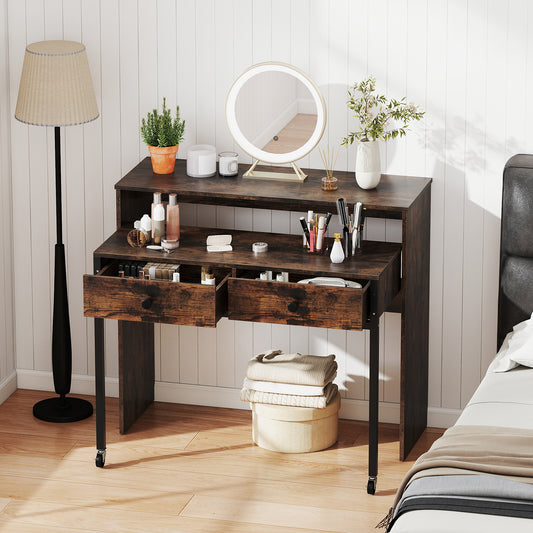 Extending Writing Desk Console Table with 2 Drawers Wood Study Workstation-Rustic Brown