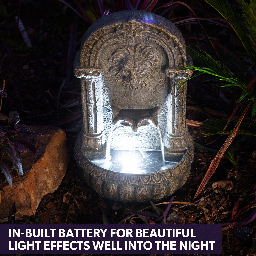 Lion Head Solar Water Fountain with LED Lights, Weatherproof Polyresin Design