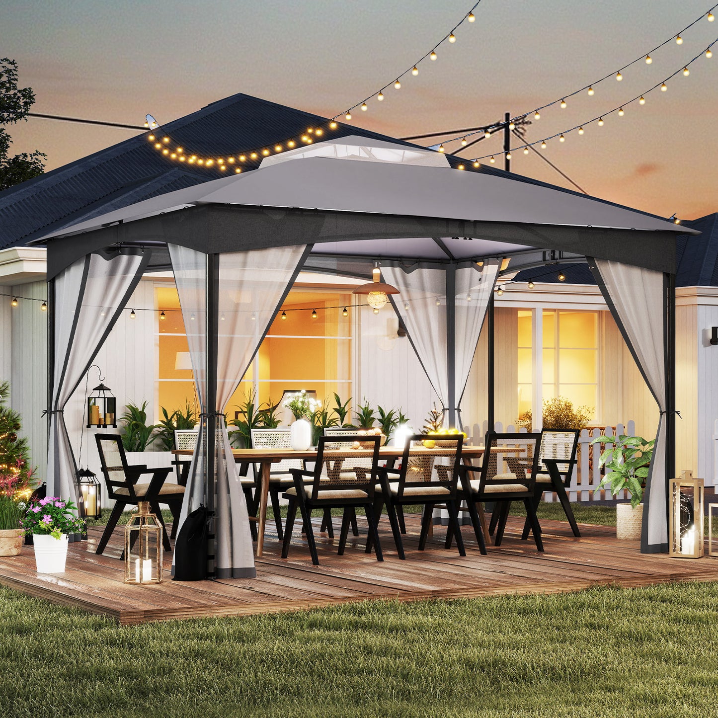 10 X 12 FT Patio Gazebo with Netting Walls with 4 Sandbags-Grey