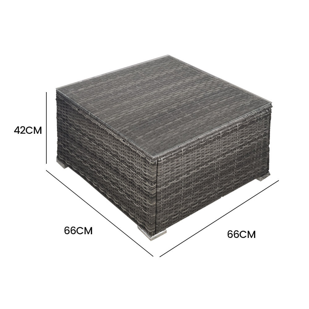 Outdoor Wicker Coffee Table with Glass Top, Grey - Durable & Rust-Free Design