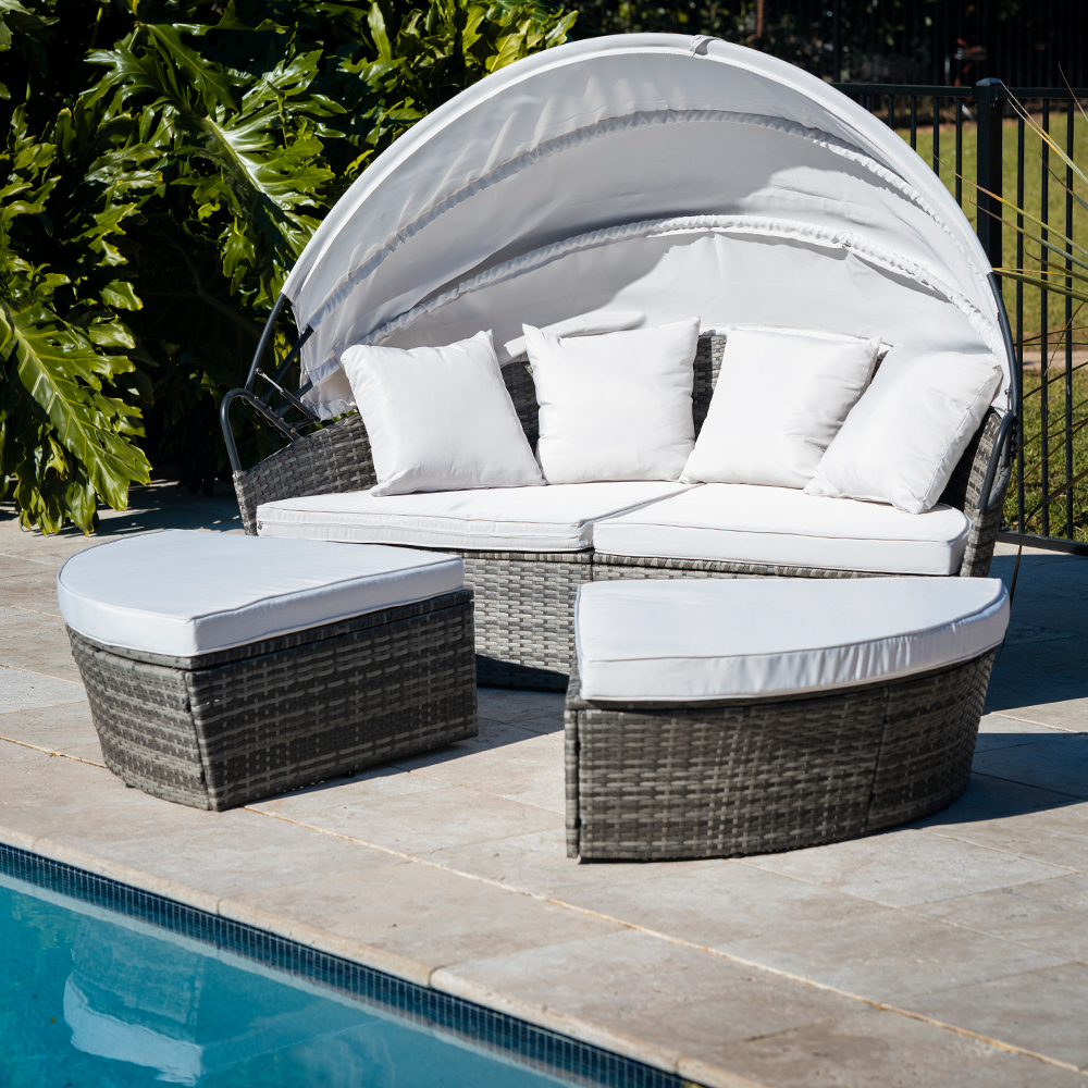 3pc Outdoor Day Bed with Adjustable Canopy, Grey Wicker - Noosa Heads Collection