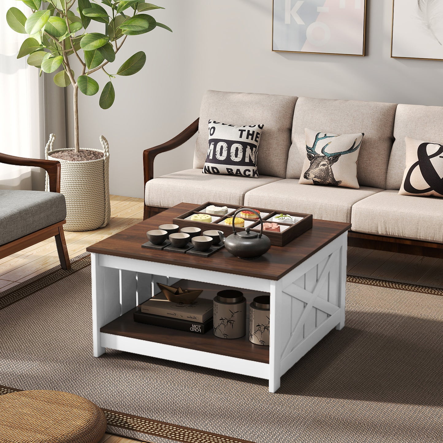 Farmhouse Coffee Table 78cm Square Coffee Table with Storage Shelf-White