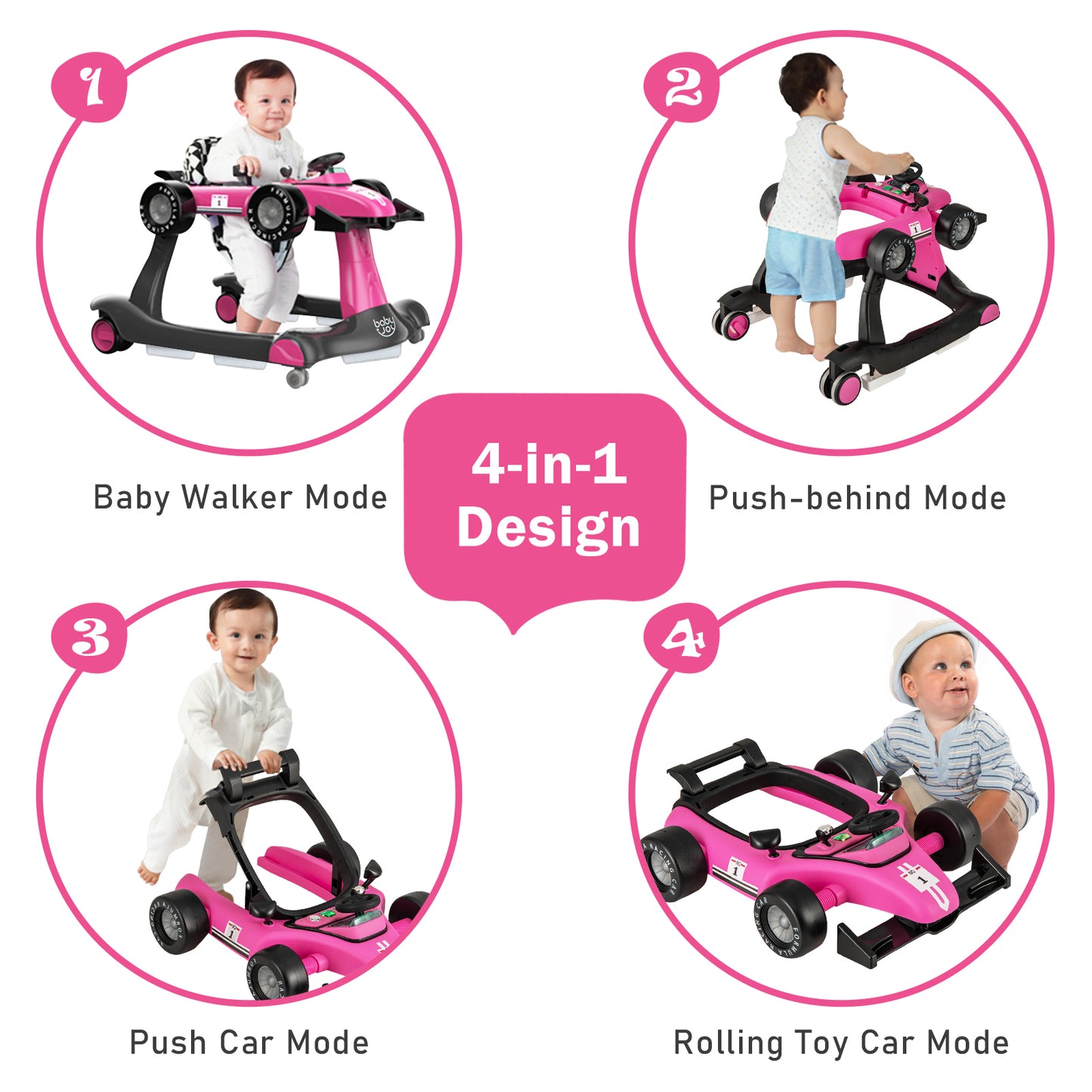 4-in-1 Foldable Activity Car Walker with Adjustable Height and Speed-Light Pink