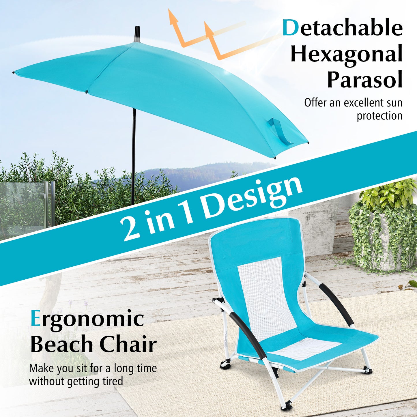 Foldable Beach Umbrella Chair with Adjustable Parasol and Universal Umbrella Clamp-Blue
