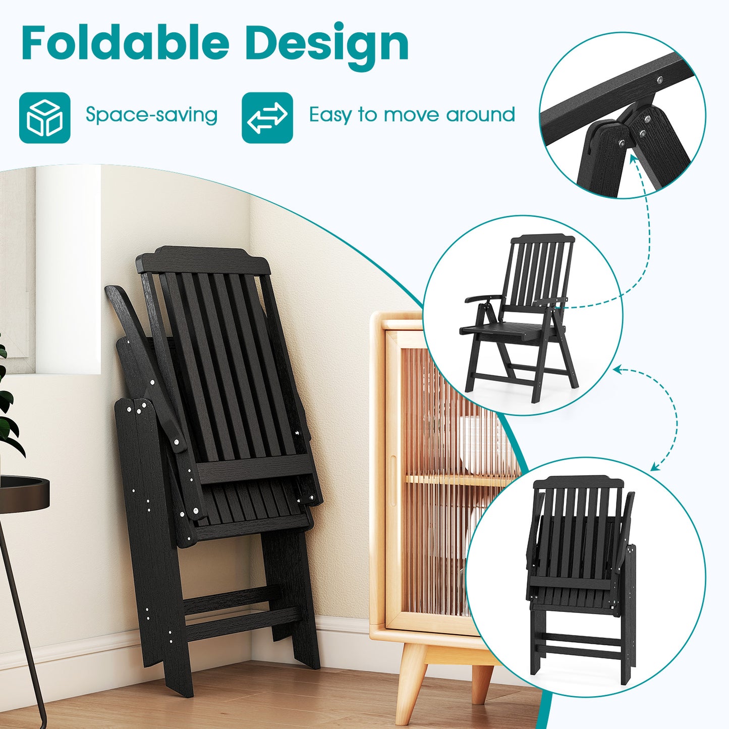 Foldable Patio All-Weather HDPE Outdoor Dining Chair with Armrest-Black