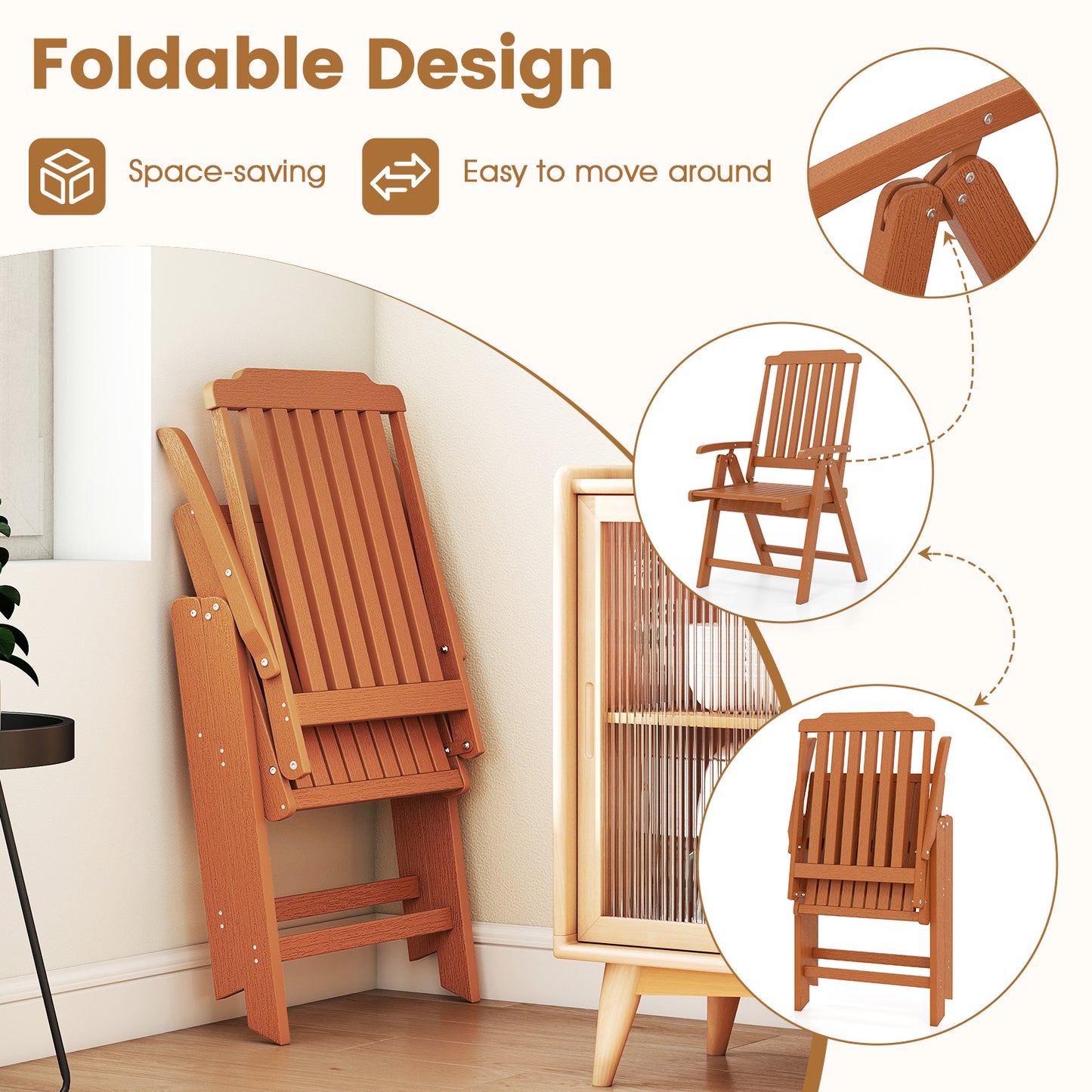 Foldable Patio All-Weather HDPE Outdoor Dining Chair with Armrest-Brown