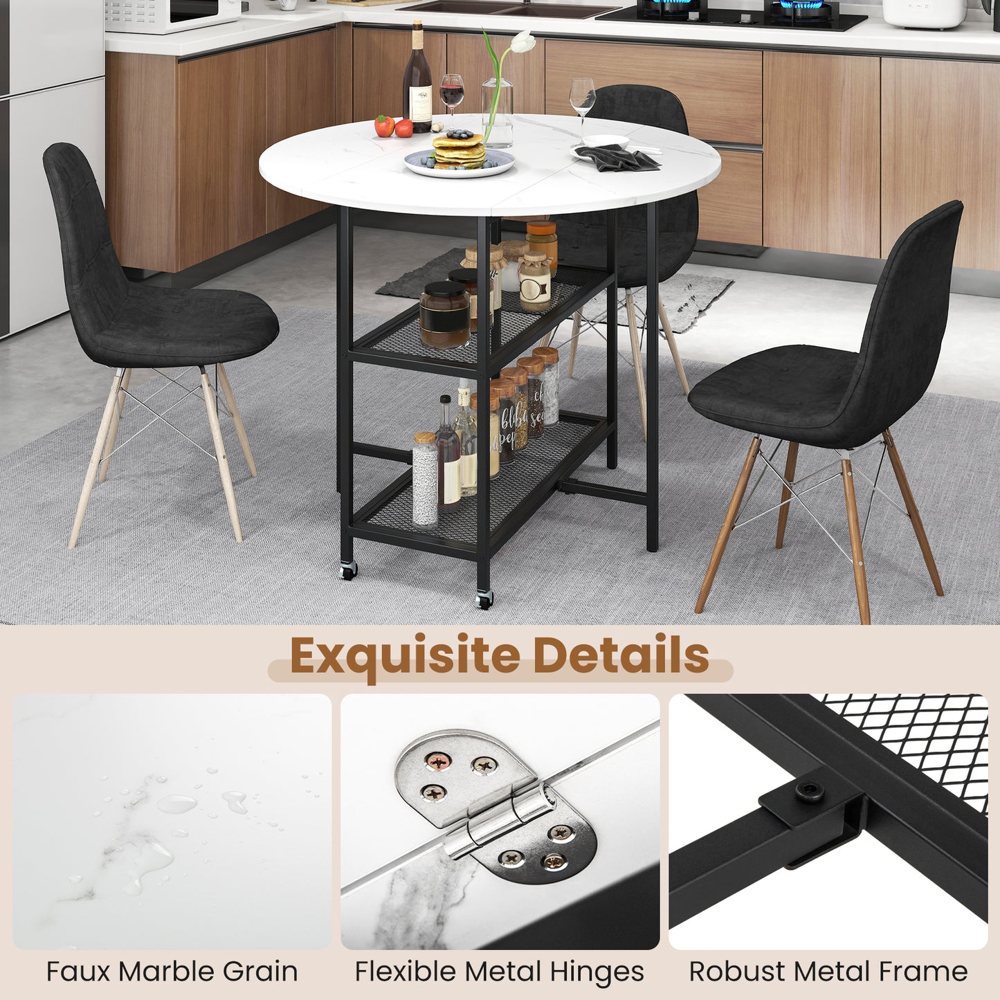 Folding Dining Table with 2 Storage Shelves and Lockable Wheels-White