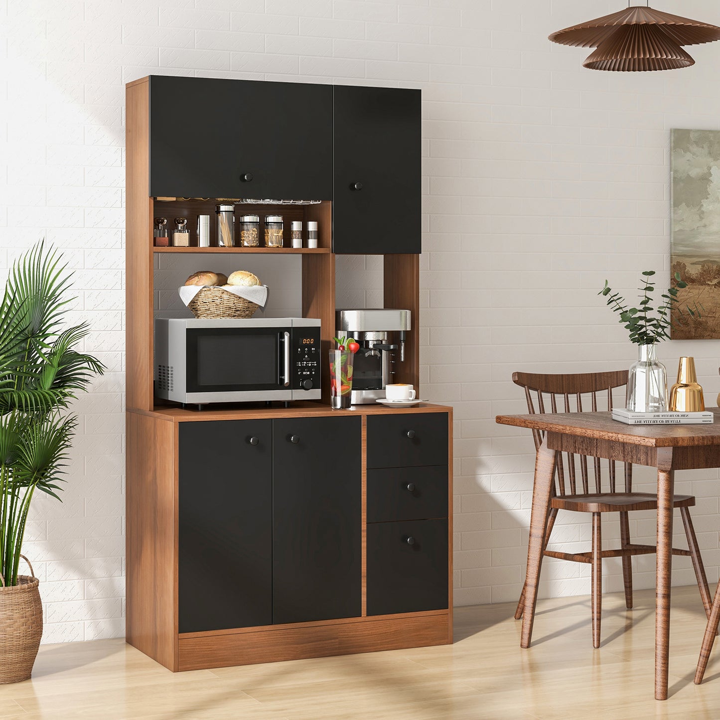 Freestanding Kitchen Pantry Cabinet with Wide Countertop and Adjustable Shelves-Walnut