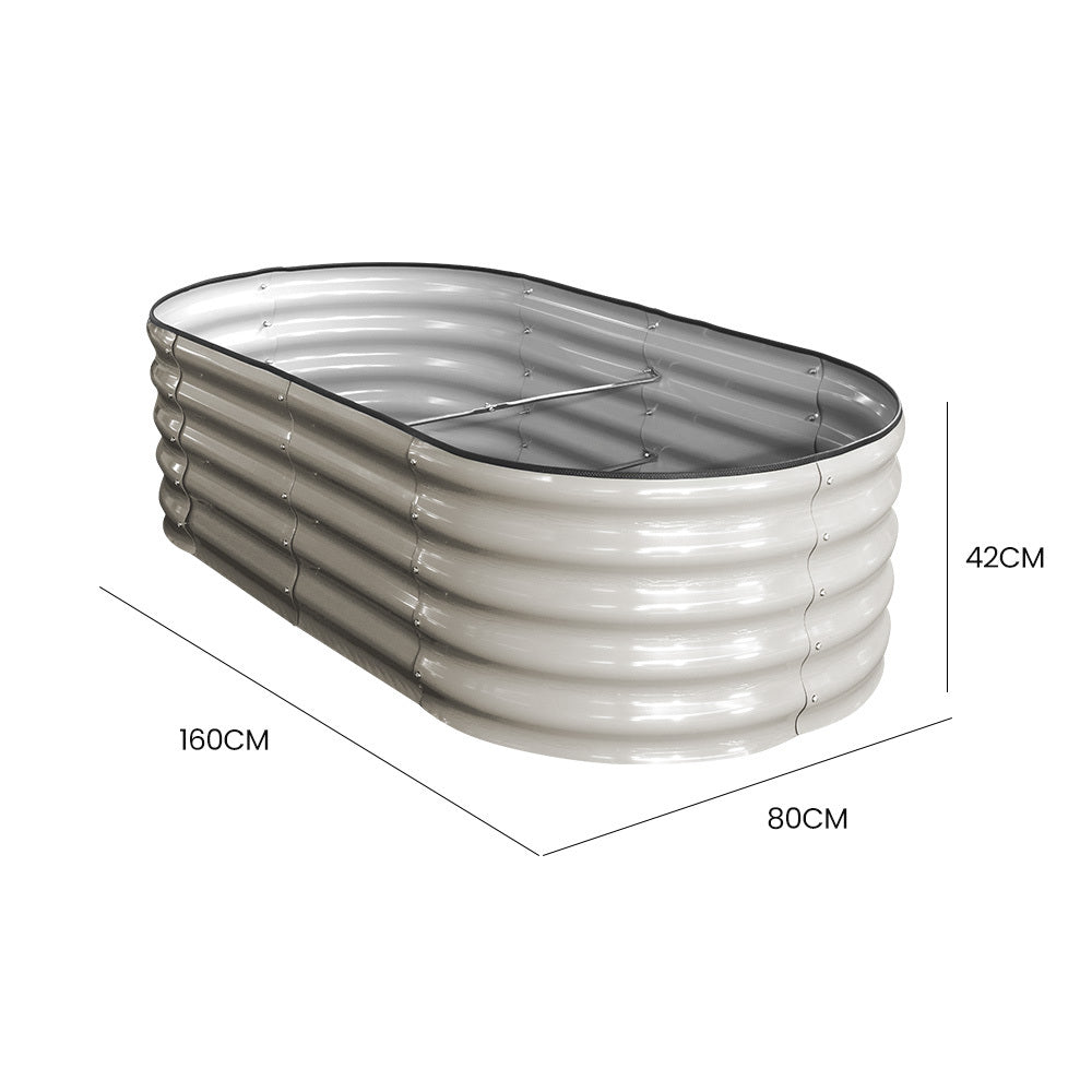 Oval Corrugated Metal Raised Garden Bed 1.6 x 0.8 x 0.42m, Light Grey