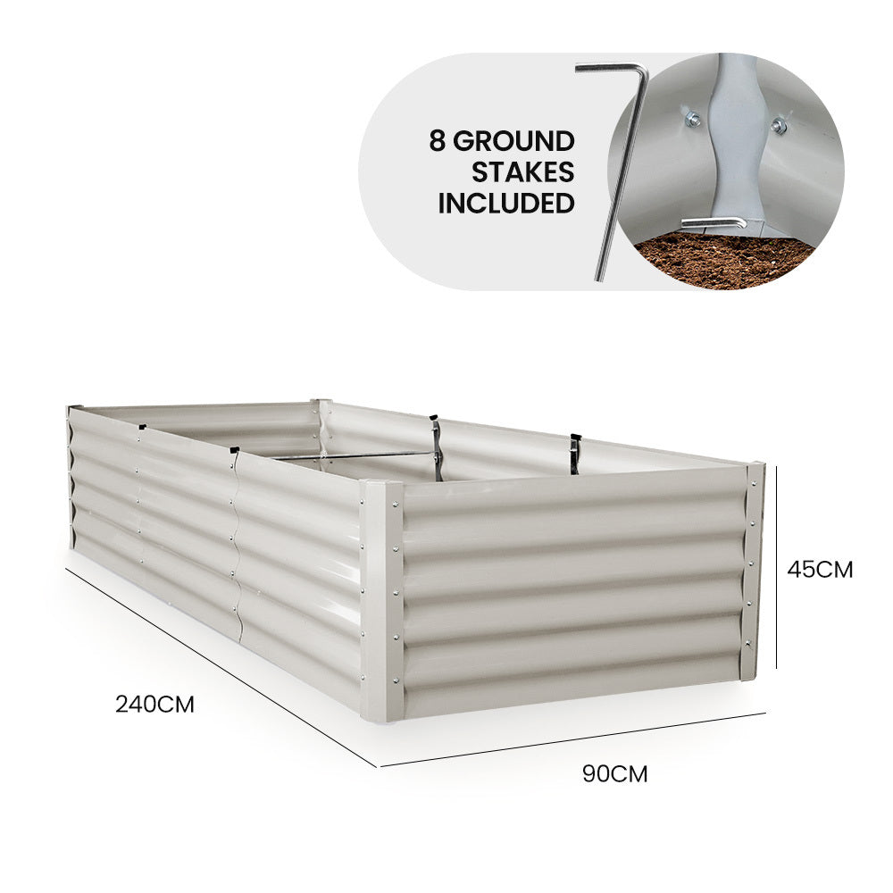 240 x 90cm Rectangular Metal Raised Garden Bed with Ground Stakes, Light Grey