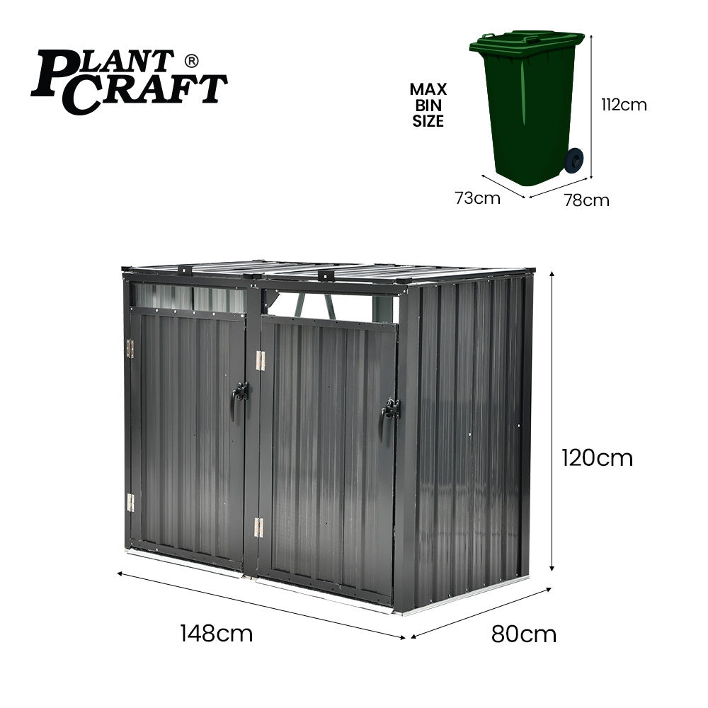 Steel Bin Storage Shed with Dual Doors for Two 240L Bins, Weatherproof Design