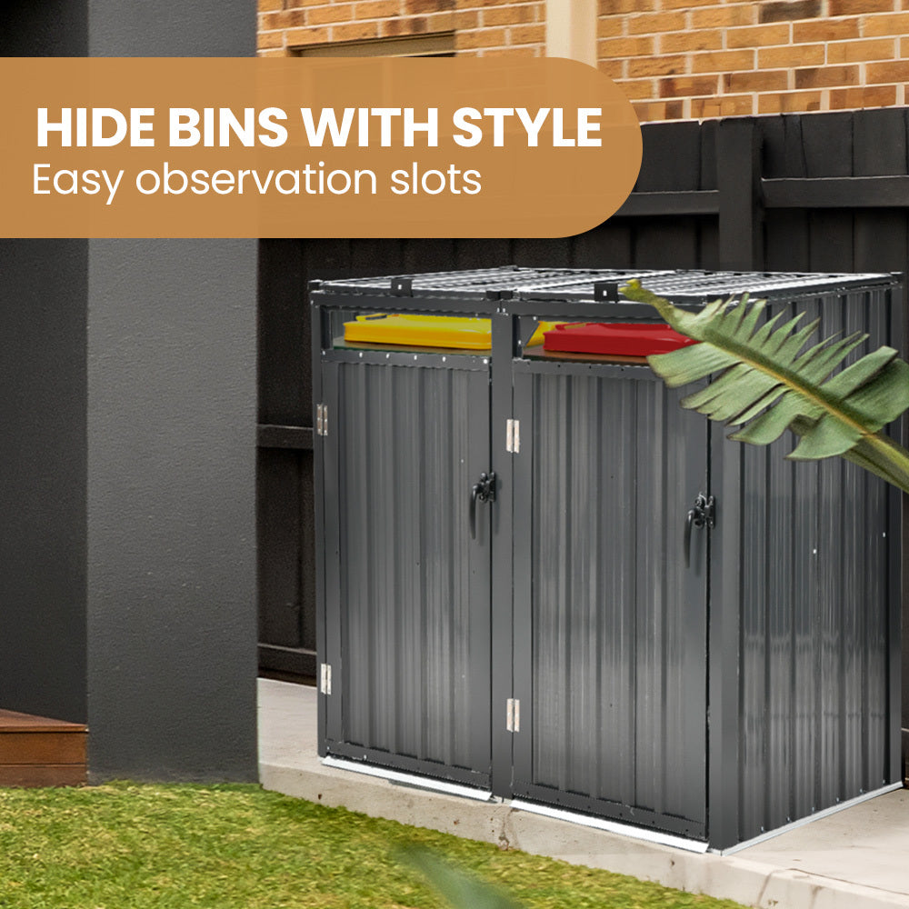 Steel Bin Storage Shed with Dual Doors for Two 240L Bins, Weatherproof Design