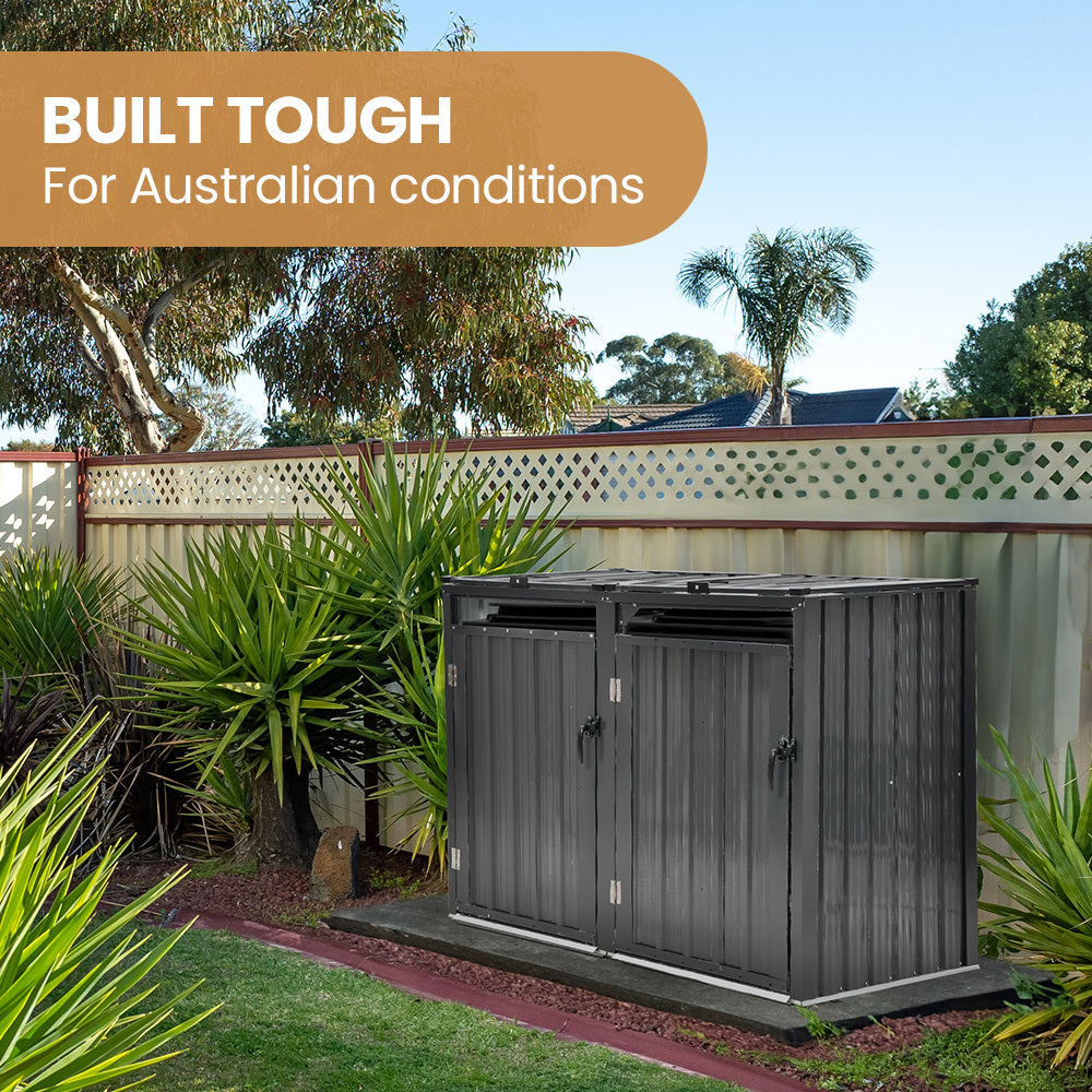 Steel Bin Storage Shed with Dual Doors for Two 240L Bins, Weatherproof Design