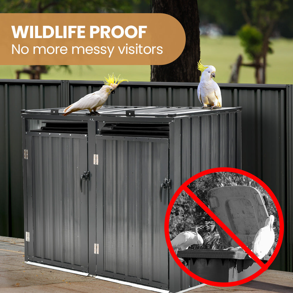 Steel Bin Storage Shed with Dual Doors for Two 240L Bins, Weatherproof Design