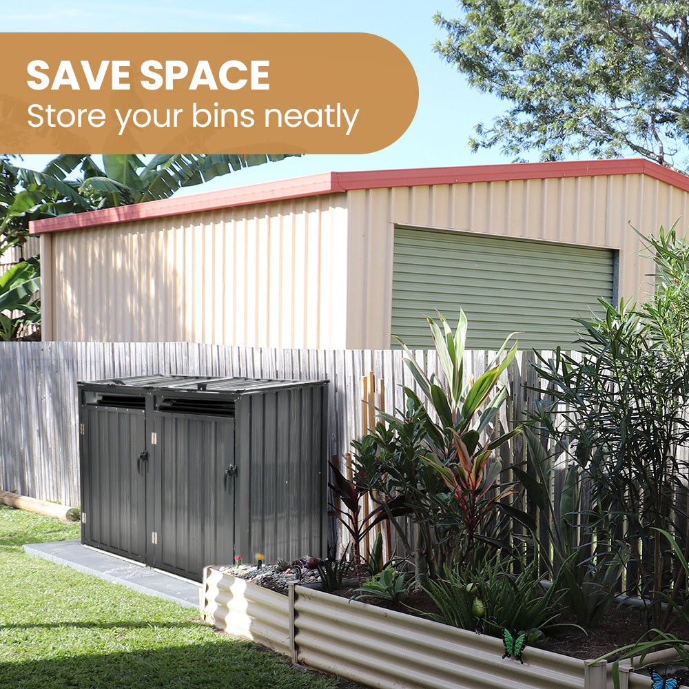 Steel Bin Storage Shed with Dual Doors for Two 240L Bins, Weatherproof Design