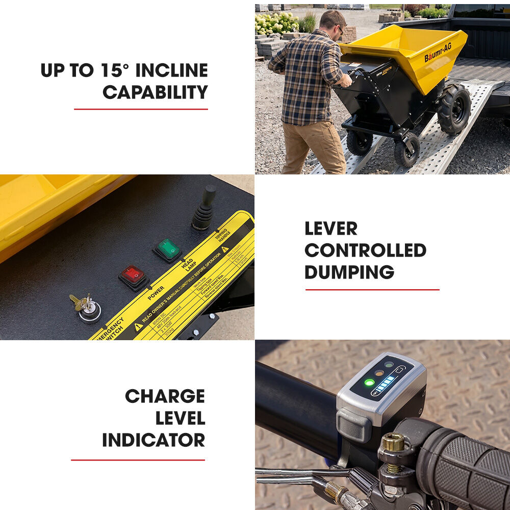 300kg / 110L Electric Wheelbarrow, Motorised Tipping Action, 48V 20Ah Battery Powered Mini Dumper