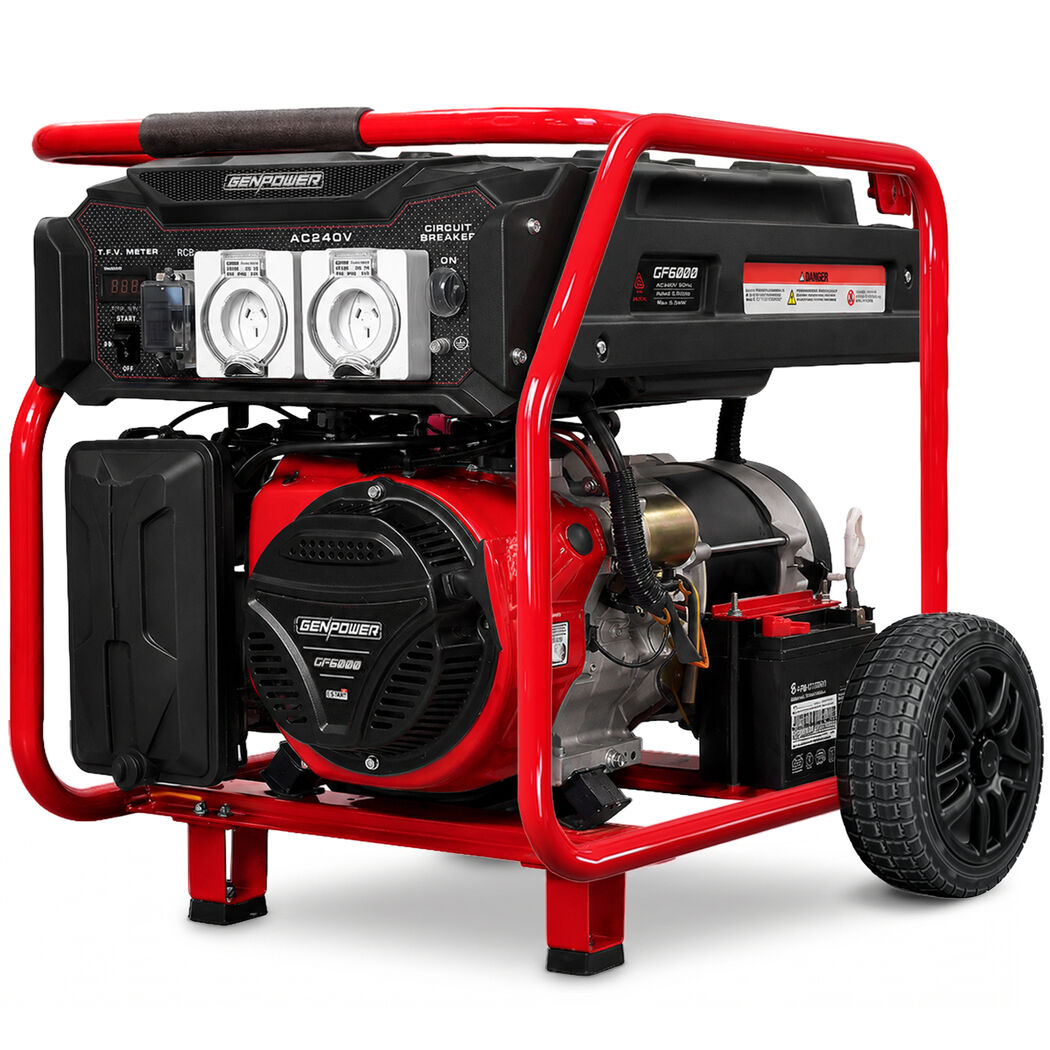 6kW Peak 5kW Rated Generator, Electric Start, 2x15A Outlets, 25L Tank, RCD, Single-Phase Petrol, 40A RCBO, Portable with Wheels