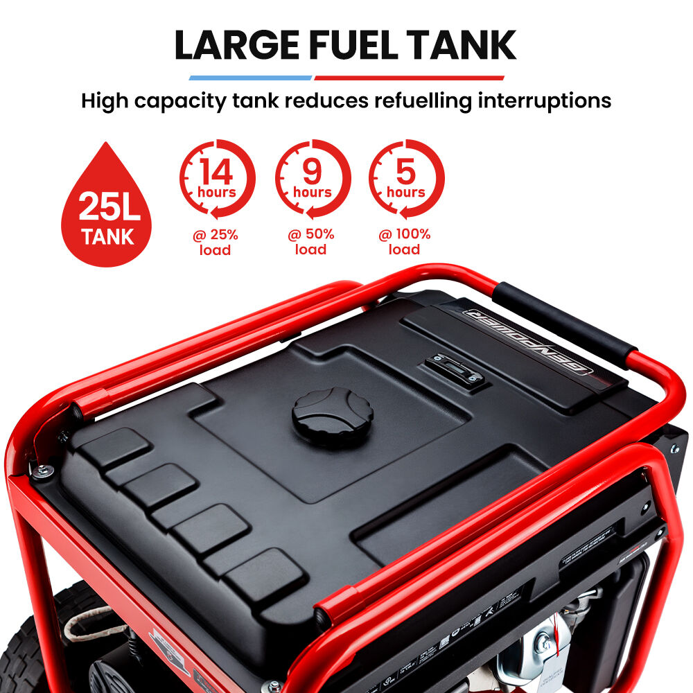 8kW Peak 7kW Rated Generator, Electric Start, 2x15A Outlets, 25L Tank, RCD, Single-Phase Petrol, 40A RCBO, Portable with Wheels