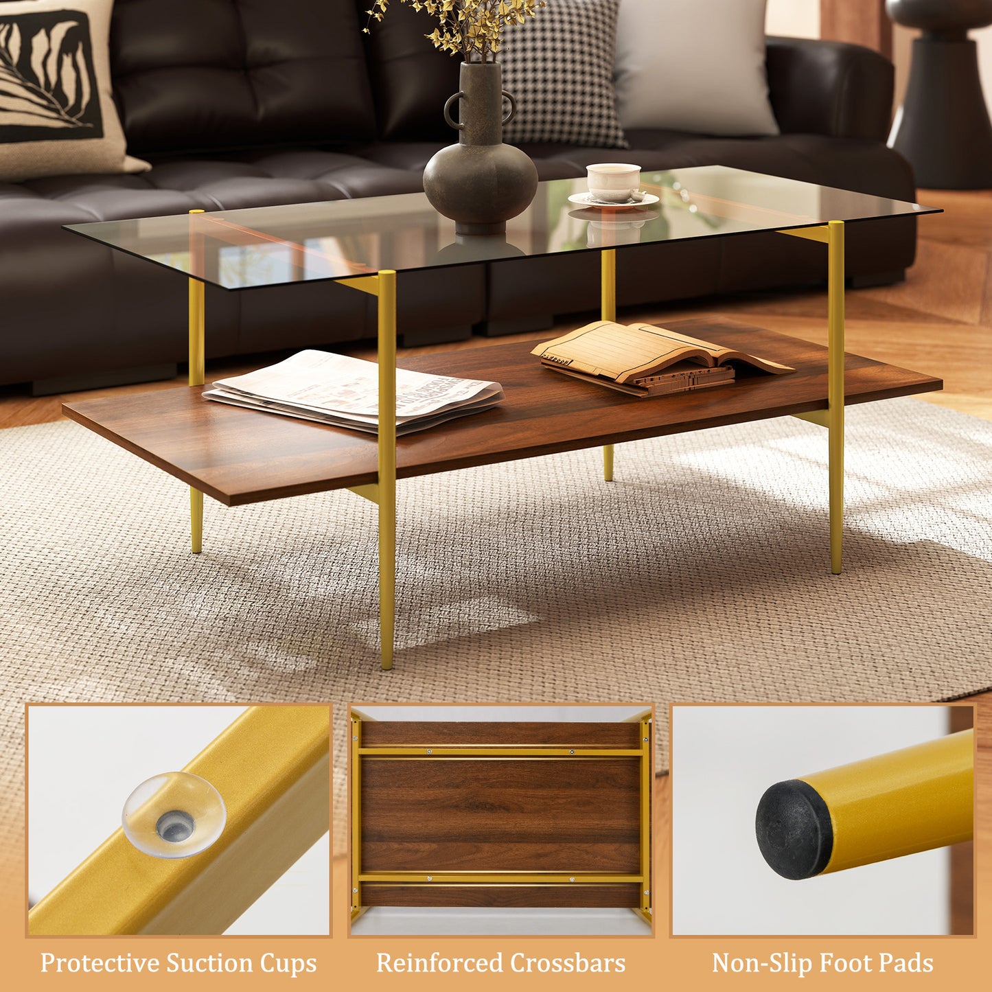 2-Tier Glass Coffee Table Rectangle Center Table with Tampered Glass Tabletop-Brown