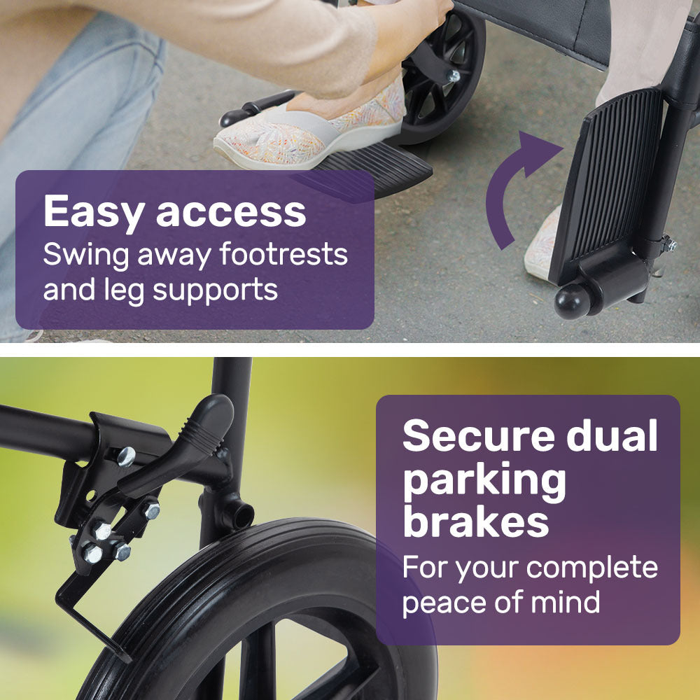Folding Transit Wheelchair, Steel Frame, 0.51m Seat, 114kg Capacity, Park Brakes