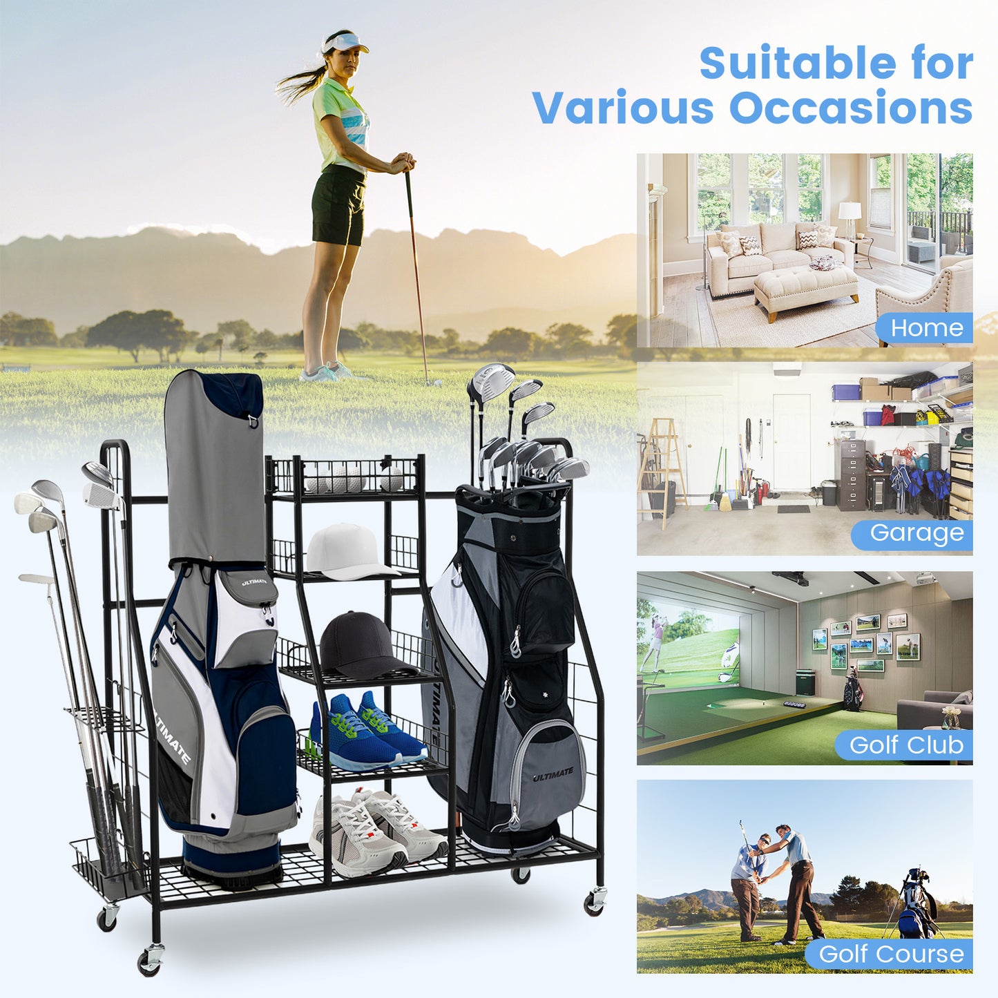 Heavy Duty Metal Double Golf Bag Storage Rack with Shelves & Lockable Wheels