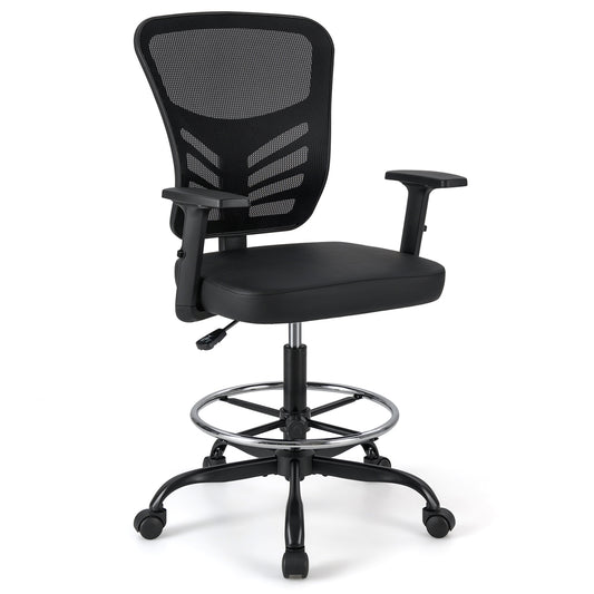 Height-adjustable Swivel Task Drafting Chair with Adjustable Armrests-Black