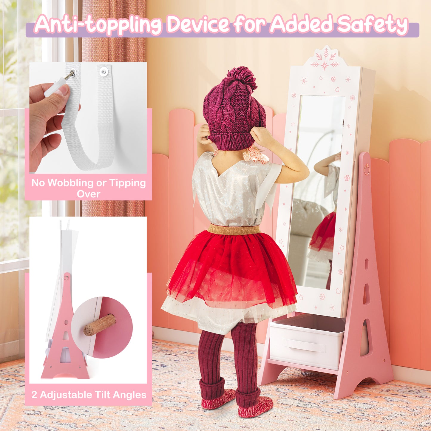 Kids Jewelry Armoire Cabinet Mirror with Storage and 2 Tilt Angles-White