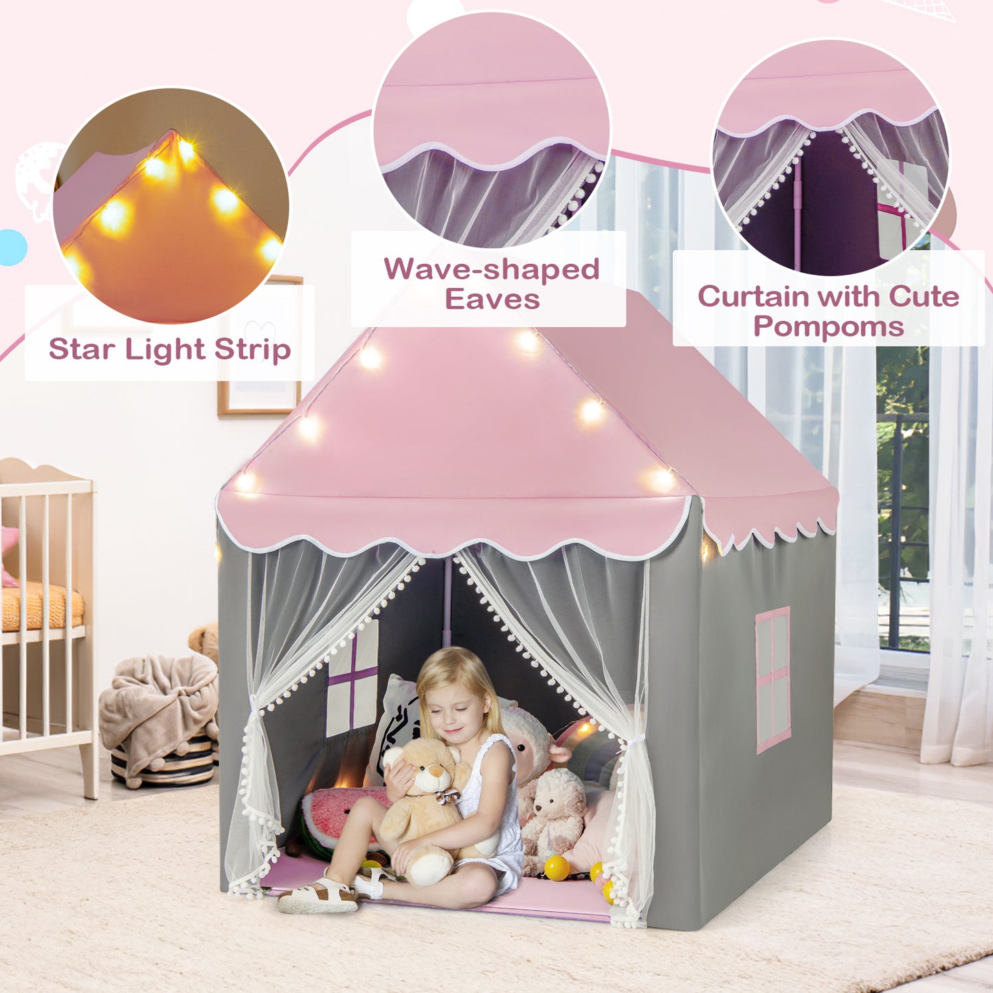 Kids Playhouse Tent with Washable Mat for Boys & Girls-Pink