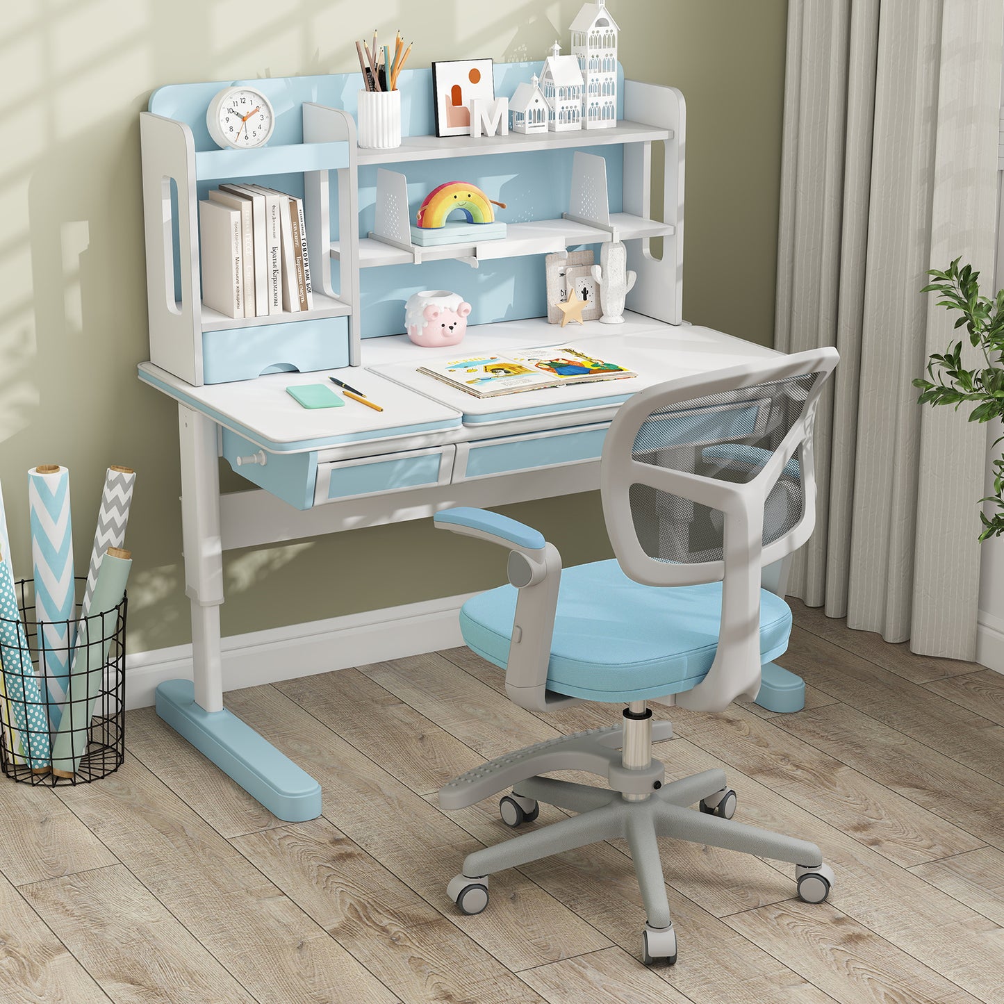 Kids Study Chair with Adjustable Height for Boys Girls Age 3-10-Blue