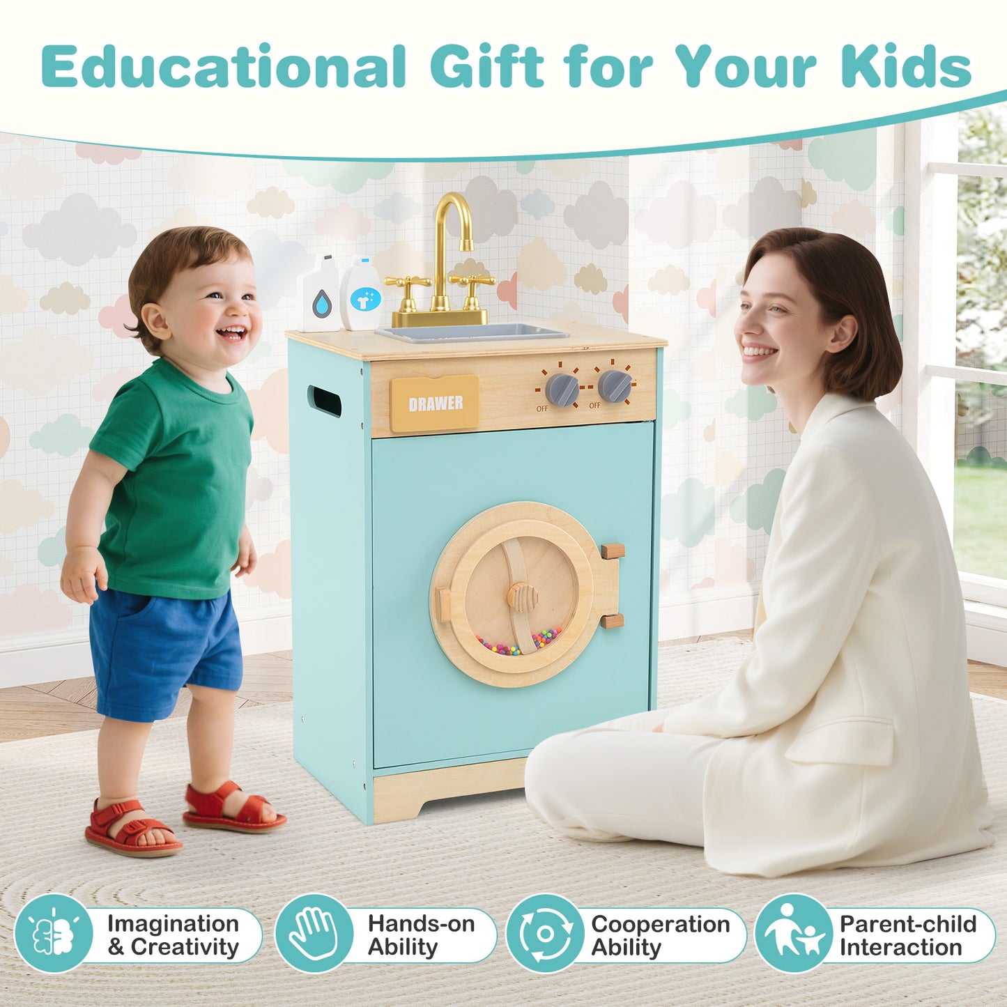 Kids Washer Playset Toy Washing Machine with Laundry Detergent and Hand Sanitizer-Blue