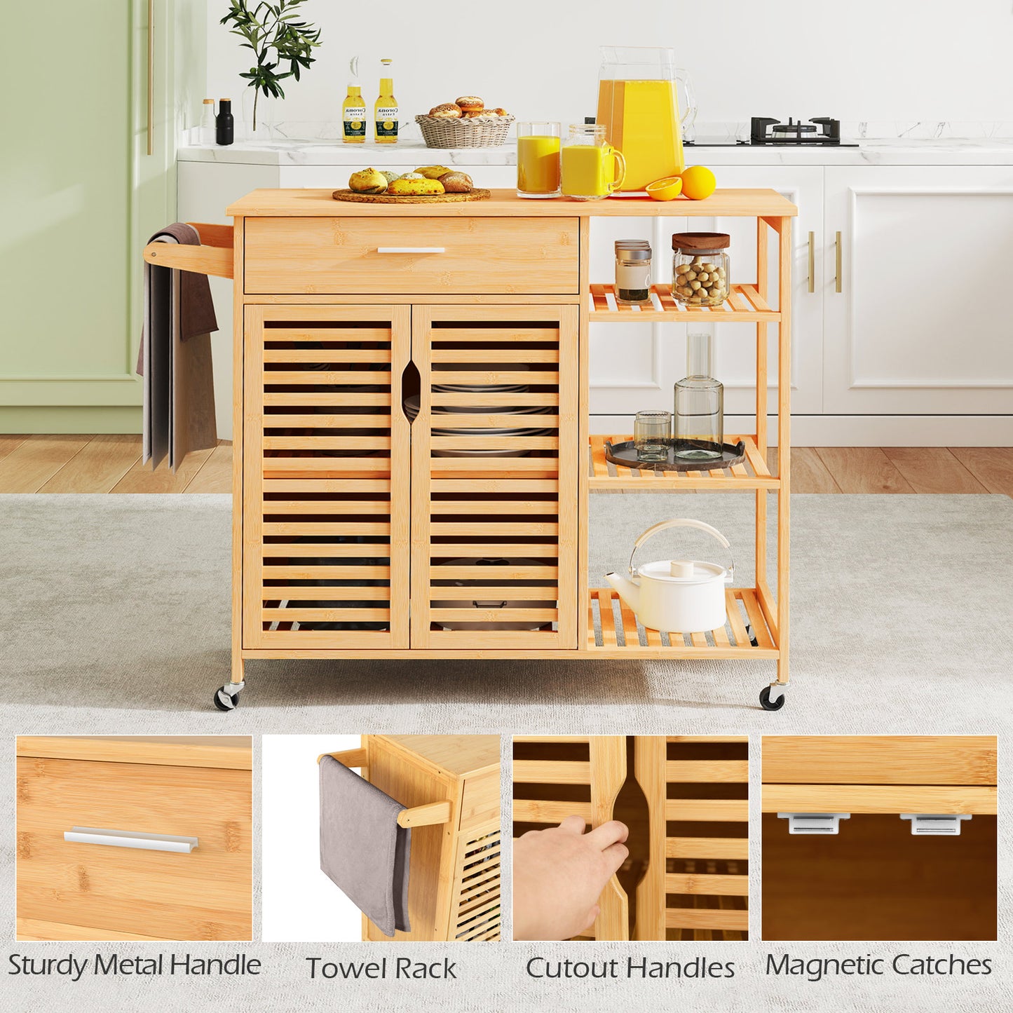 Kitchen Island Cart on Wheels with Sturdy Bamboo Frame-Natural