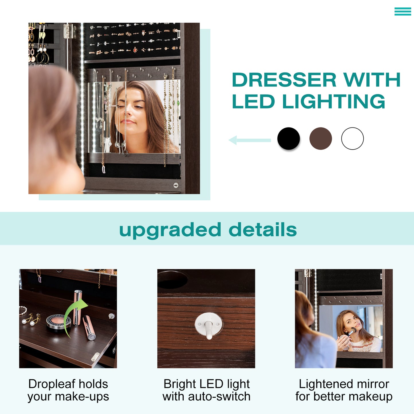 LED Full-length Mirror Jewelry Cabinet Multipurpose Storage Cabinet-Brown