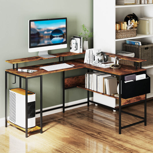L-Shaped Home Office Gaming Desk with LED Lights and Power Outlets-Rustic Brown