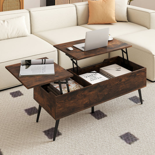 Lift Top Coffee Table with 2 Hidden Storage Compartments and Metal Legs-Rustic Brown