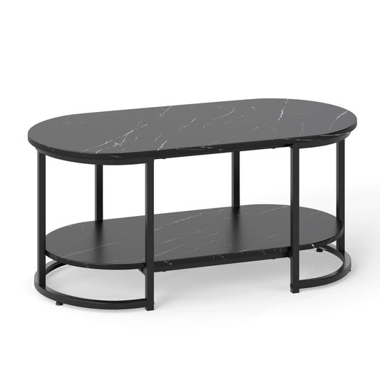 Marble Coffee Table Modern 2-Tier Center Table with Open Storage Shelf-Black