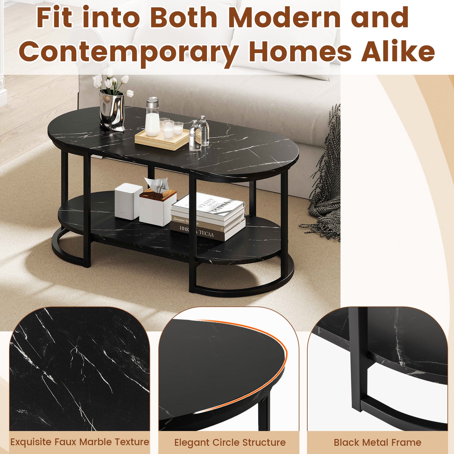 Marble Coffee Table Modern 2-Tier Center Table with Open Storage Shelf-Black
