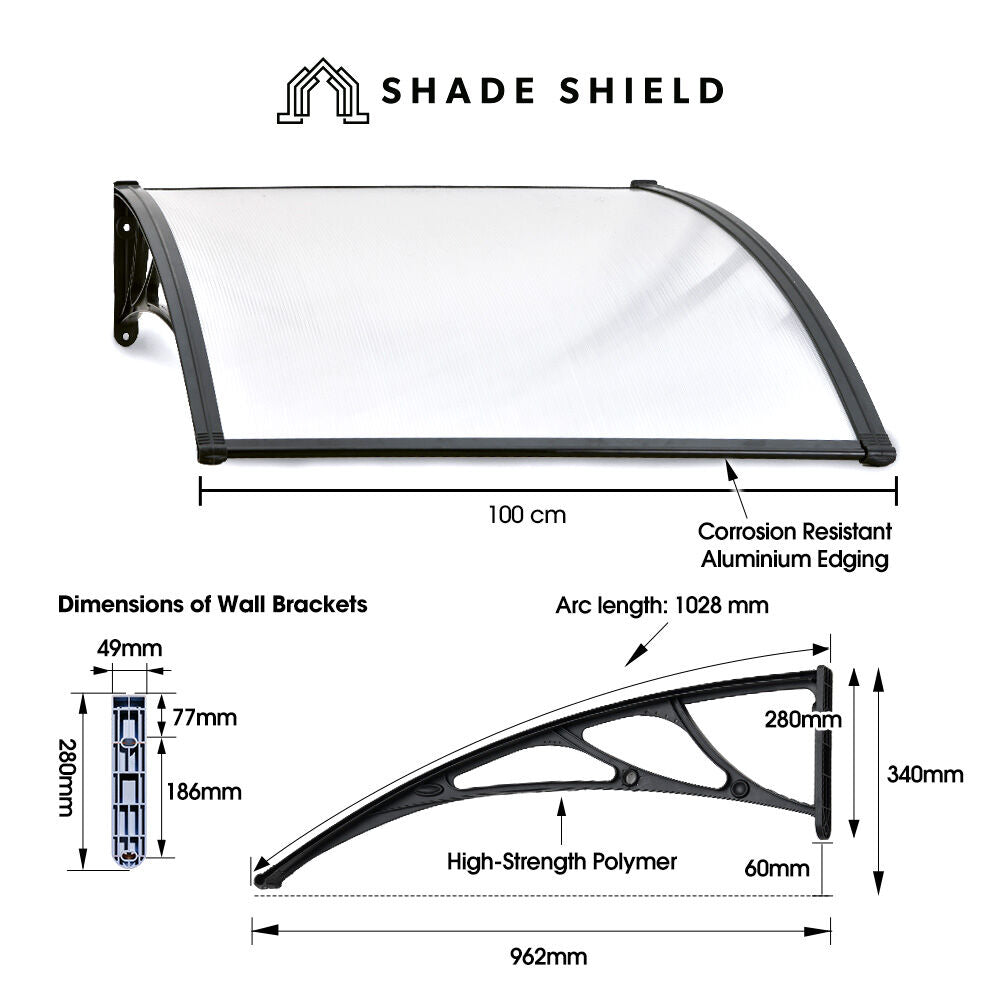 1x1m Black Exterior Awning - UV & Rain Protection Polycarbonate Canopy