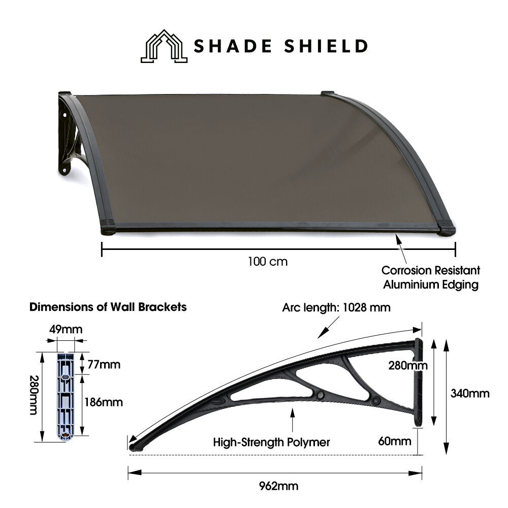 1x1m Exterior Awning - UV Rain Protection Polycarbonate Canopy, Black