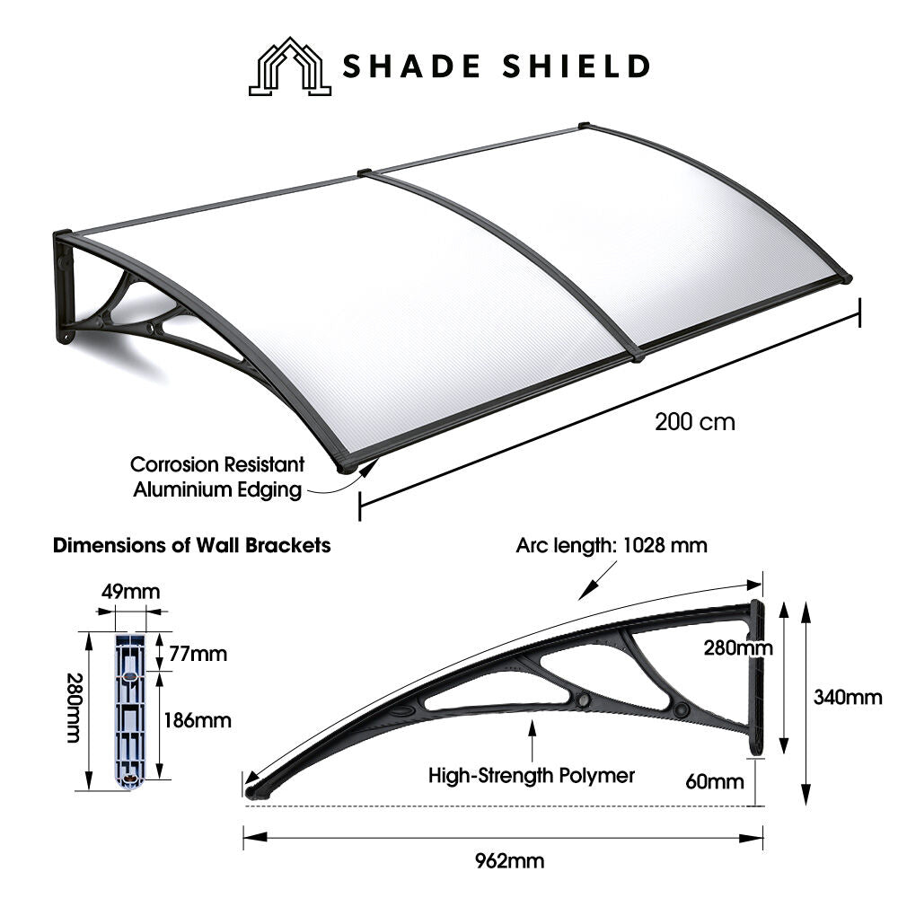 2x1m Black Exterior Awning - UV & Rain Protection Polycarbonate Canopy Cover